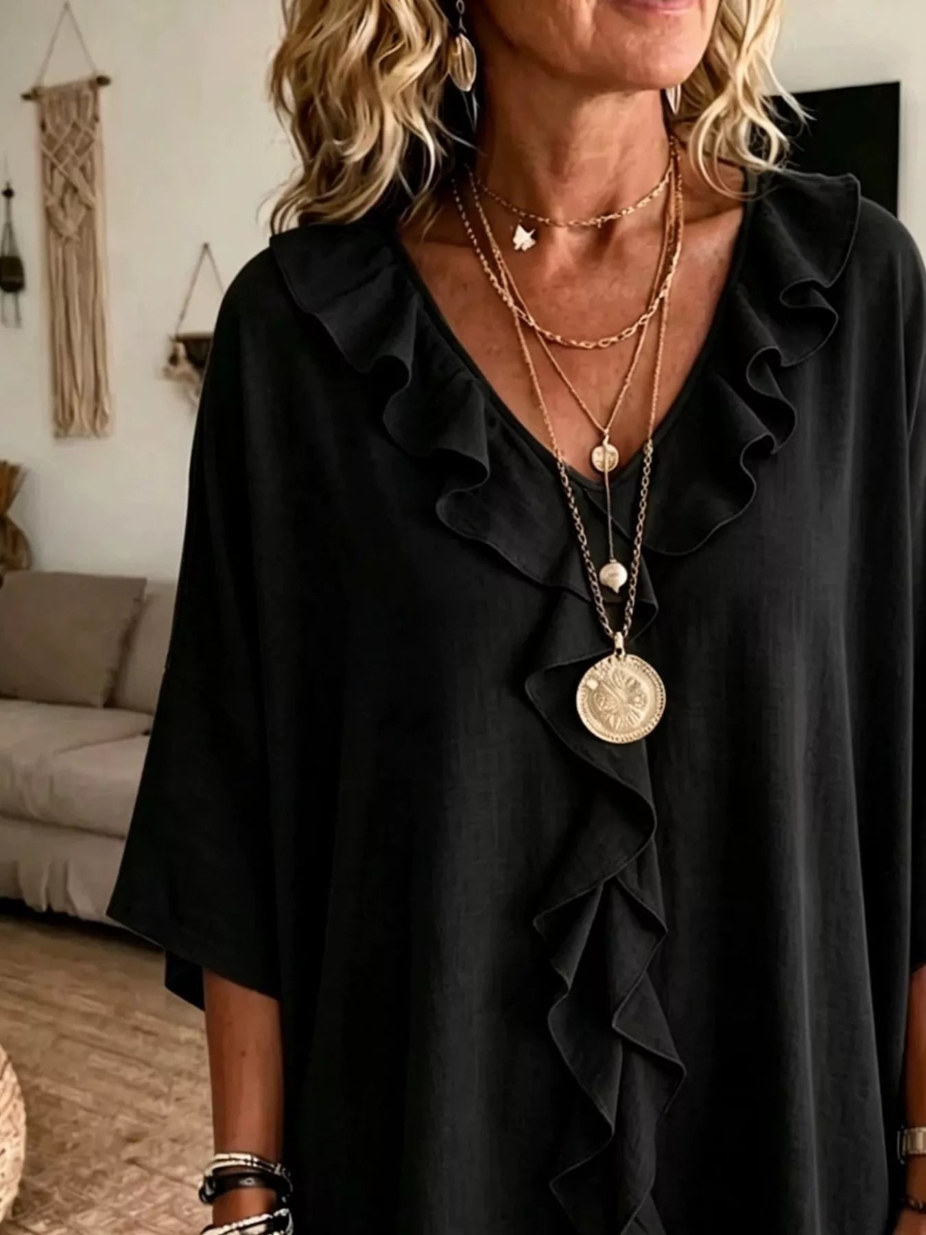 Ruffle V-Neck 3/4 Sleeve Blouse Plus Size