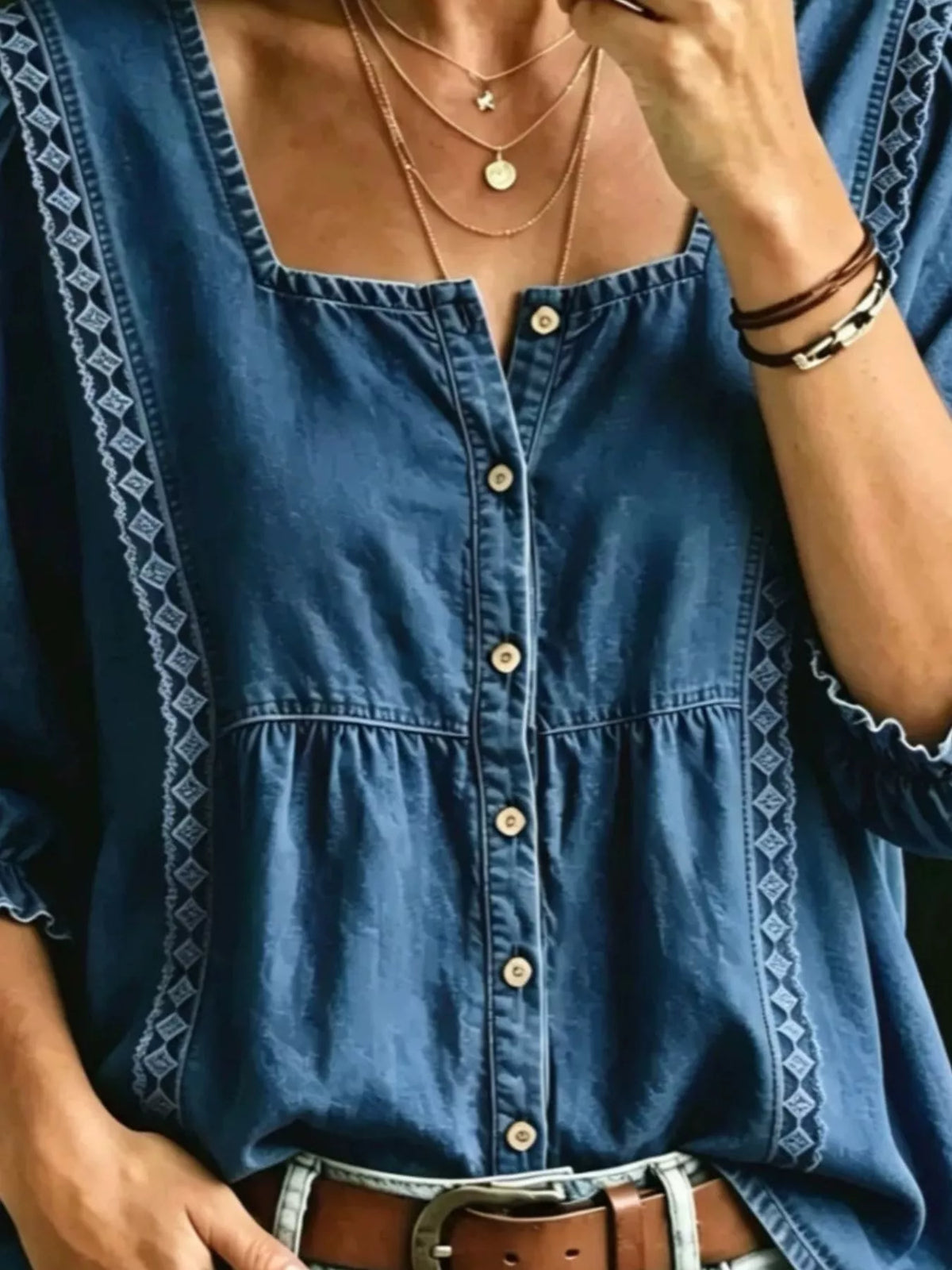Square Neck Button-Down Denim Shirt