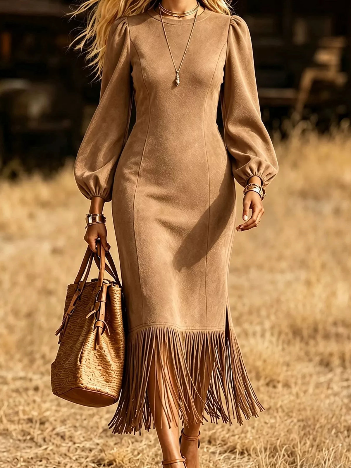 Fringe Hem Balloon Sleeve Midi Dress