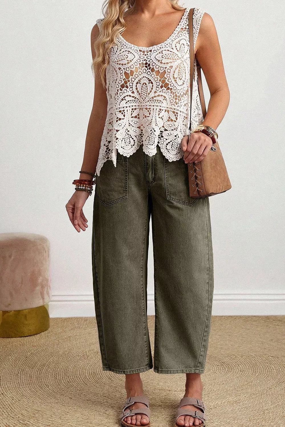 Square Patch Pocket Barrel Jeans in Army Green