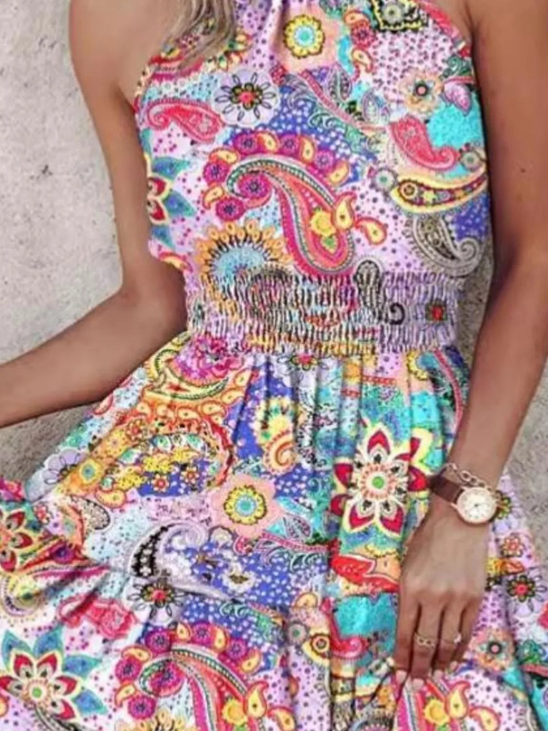 Smocked Halter Mini Dress in Pink Purple