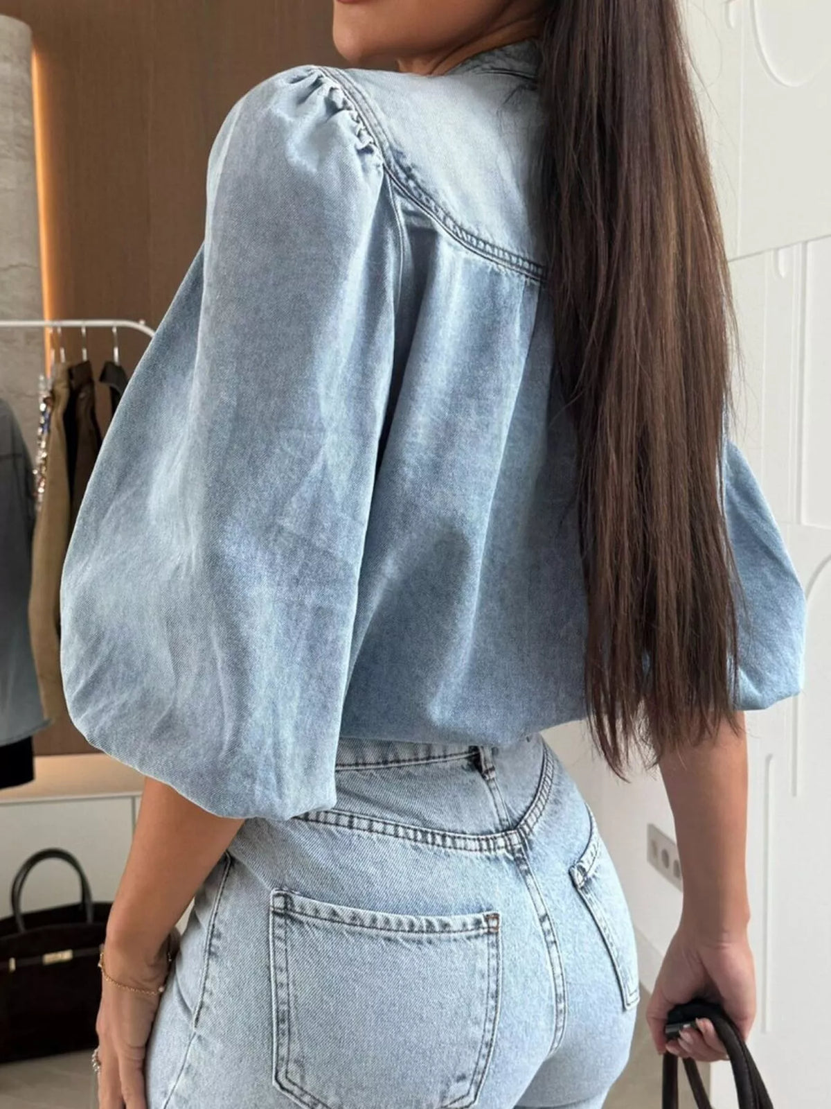 Puff Sleeve Button-Front Denim Top