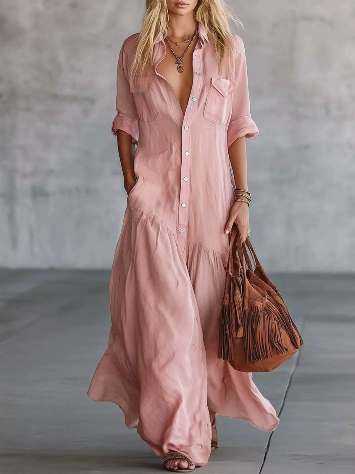 Button Front Roll-Up Sleeve Maxi Dress