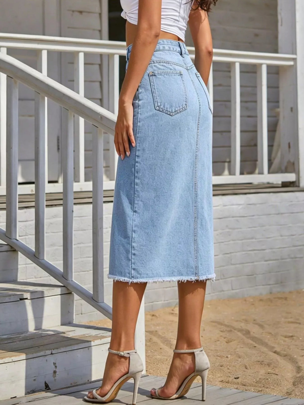 Asymmetric Raw-Hem Denim Midi Skirt in Blue
