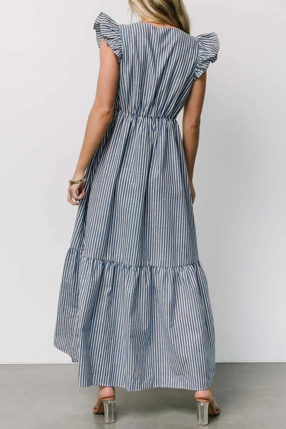 Striped V-Neck Ruffled Cap Sleeve Dress