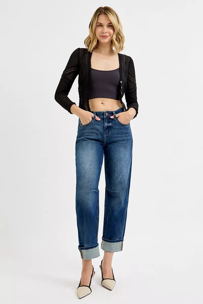 Risen Slouchy Crop Barrel Cuffed Jeans in Dark