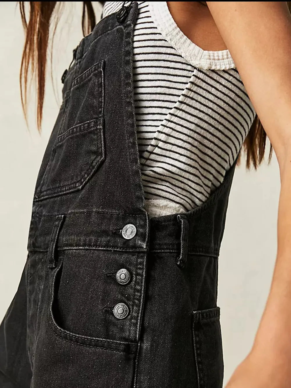 Square Neck Wide Strap Denim Overalls in Black by Dreamy Drapes
