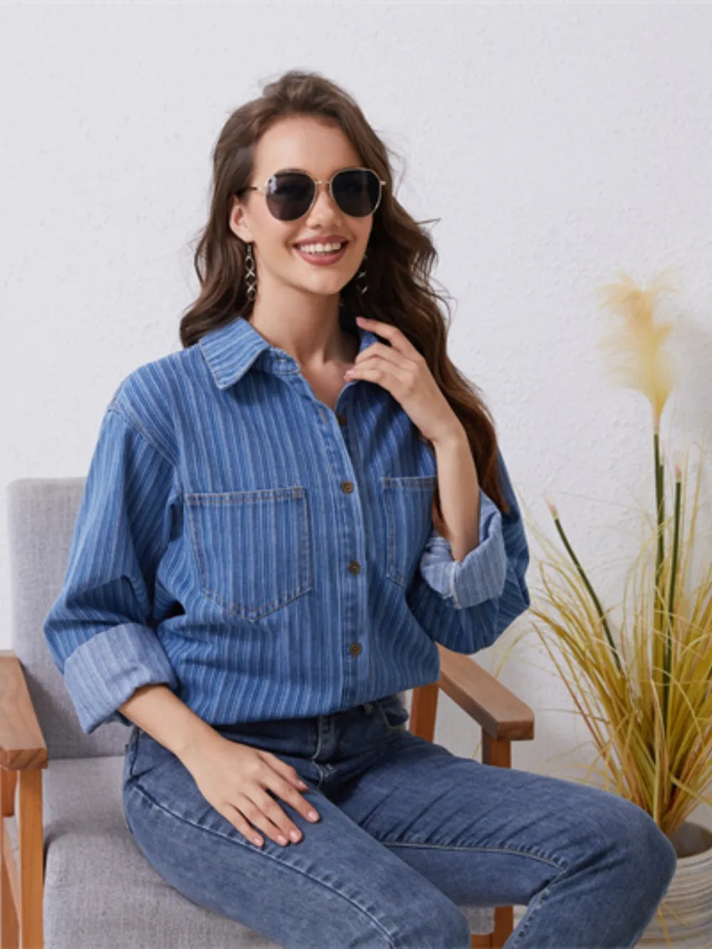 Striped Long Sleeve Denim Shirt in Medium Wash by Y.Y@Denim