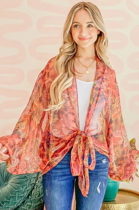 And The Why Front Tie Knot Oversized Print Top in Rust