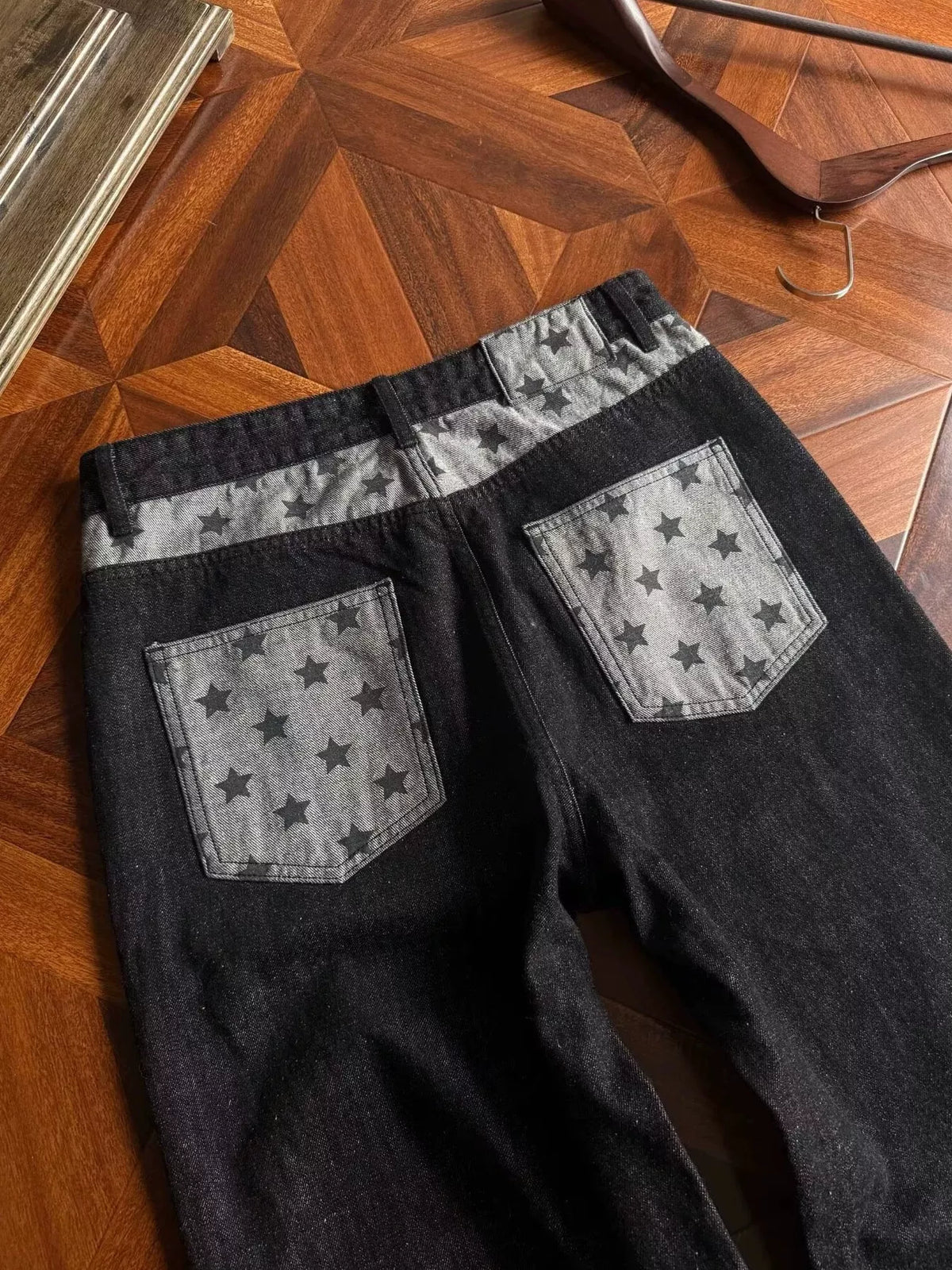 Star-Print Contrast Pocket Wide-Leg Jeans in Black by Firm Stand