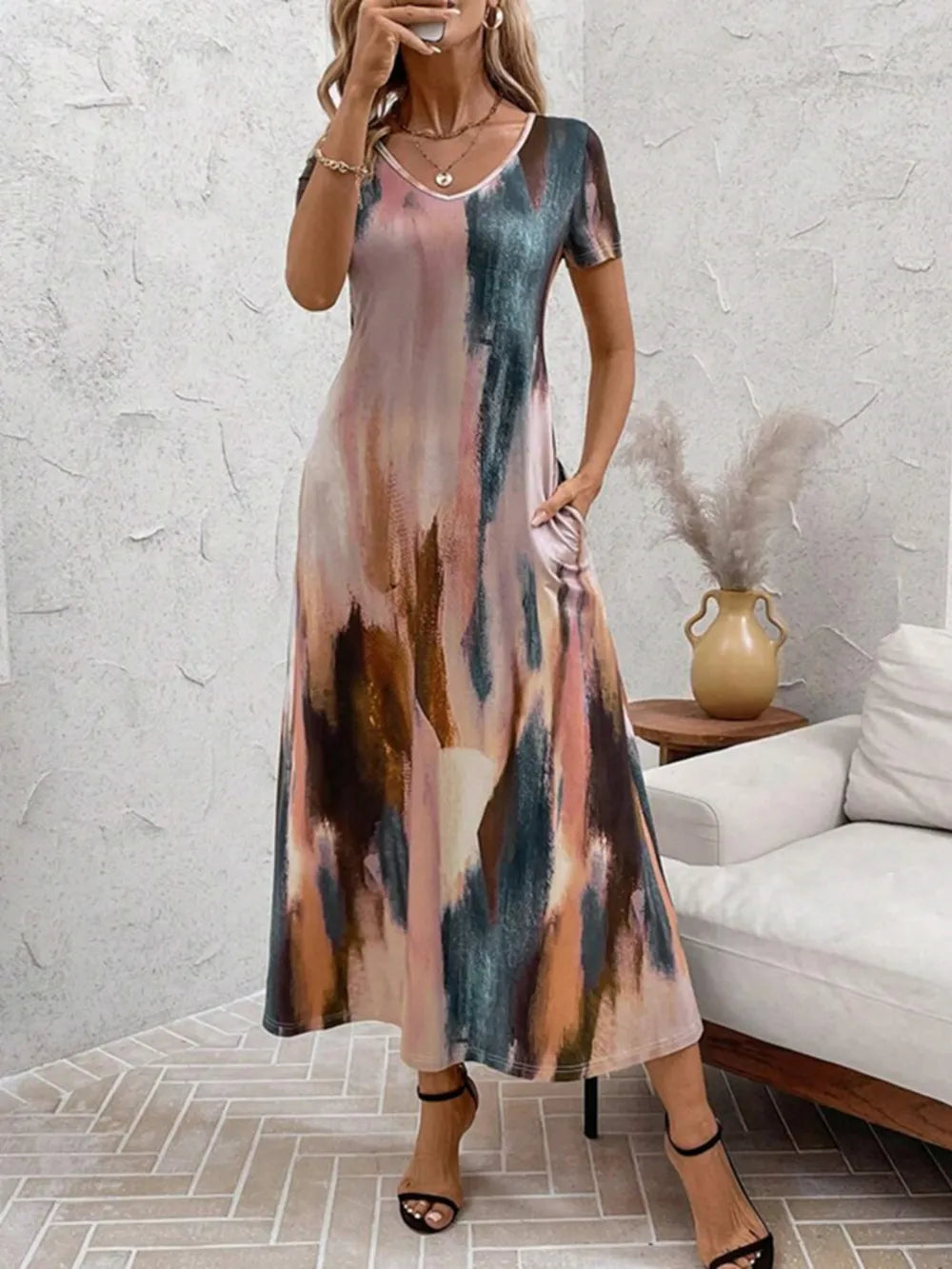 Tie-Dye V-Neck Pocketed Midi Tee Dress by Sara Roman