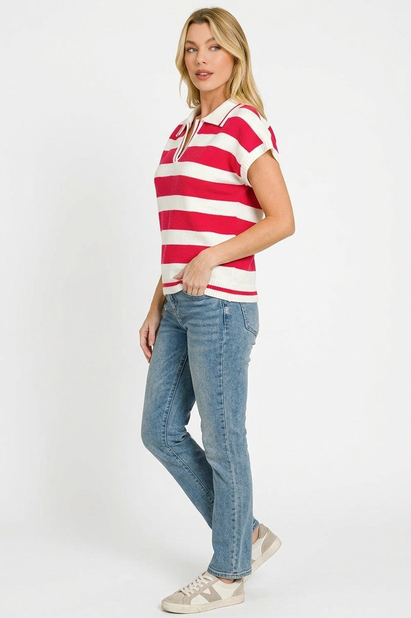 Zenana Striped Collared Short Sleeve Sweater in Red