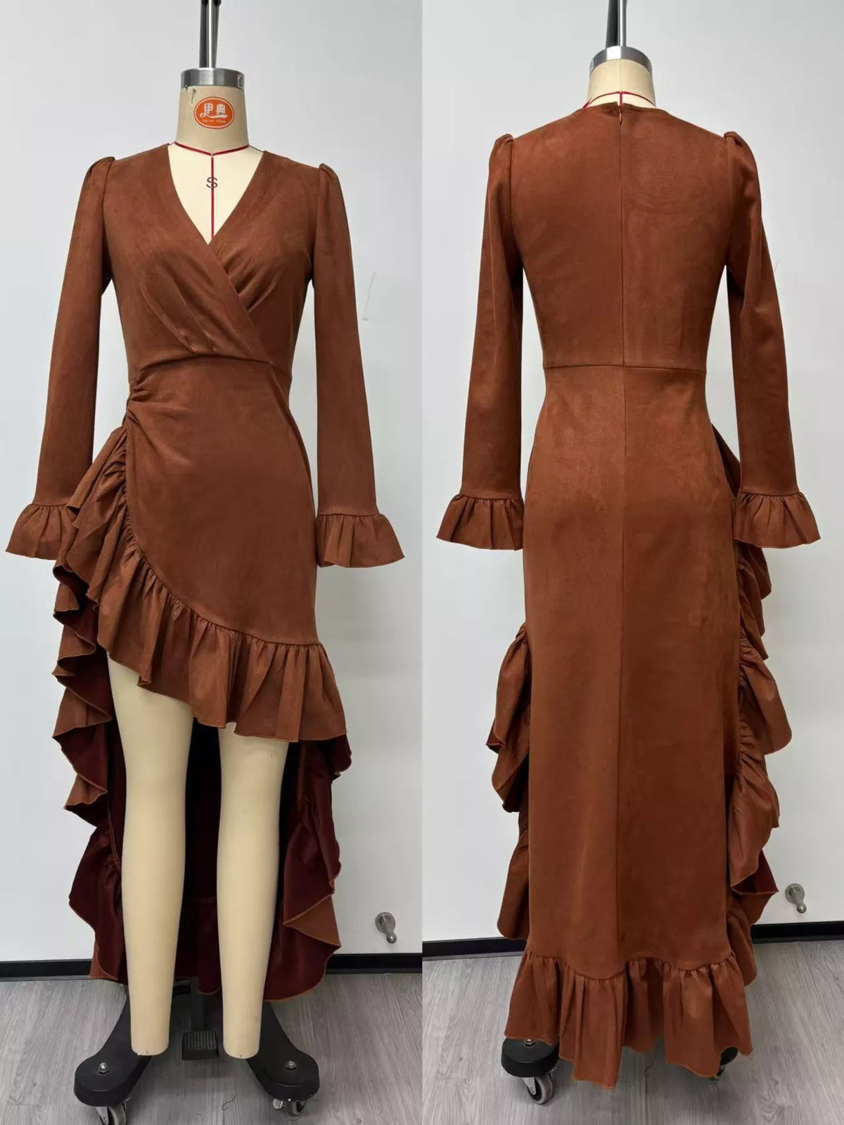 Ruffled Wrap Dress in Brown