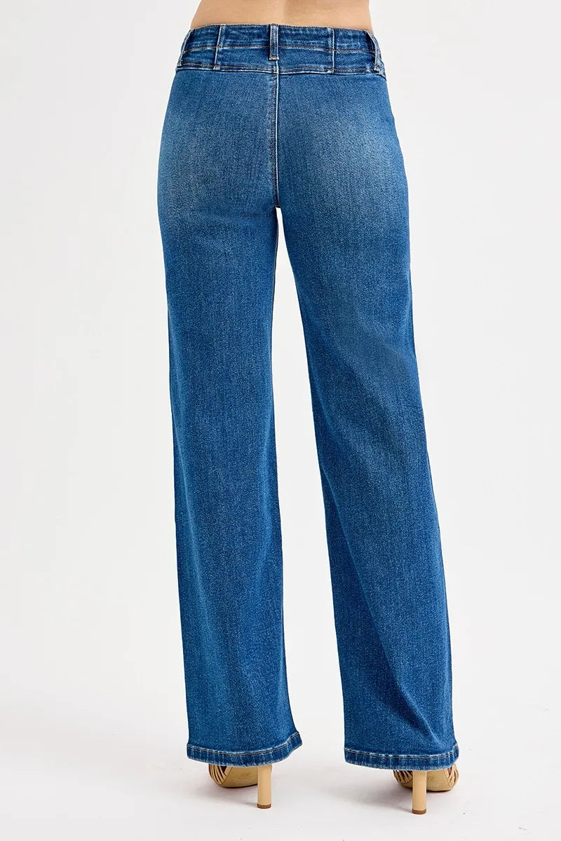 Risen Seam Detail Wide Leg Jeans in Dark Wash