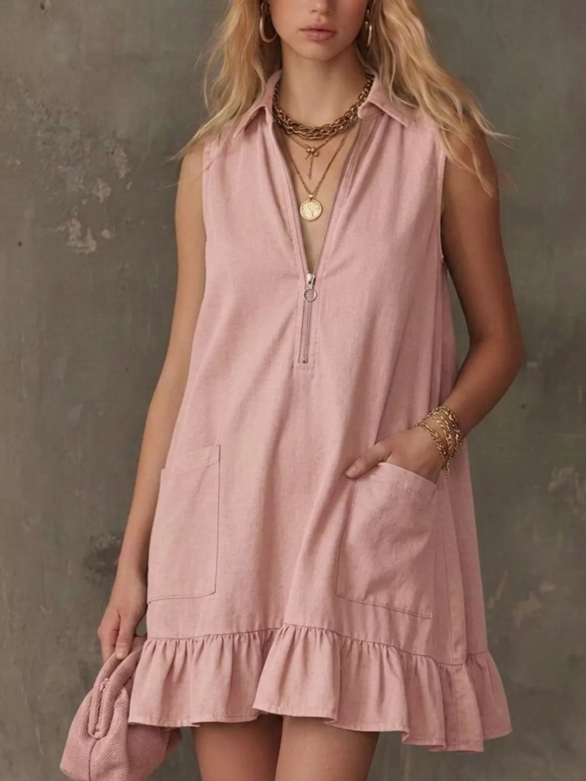 Collared Zip-Front Ruffle Hem Dress