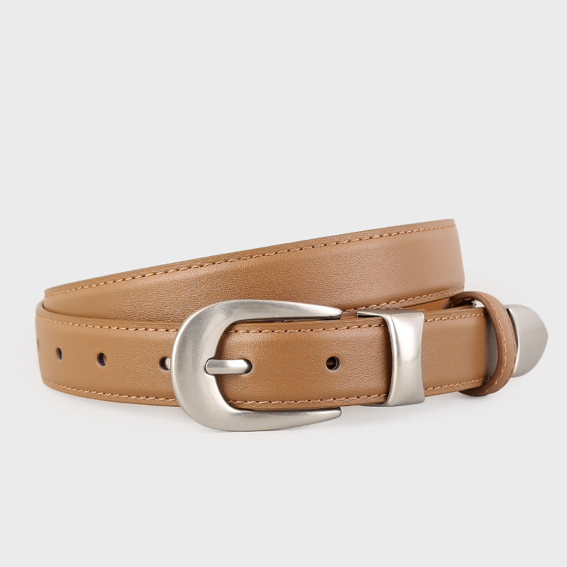 Ilussa Classic Leather Belt with Silver Buckle — Coffee A