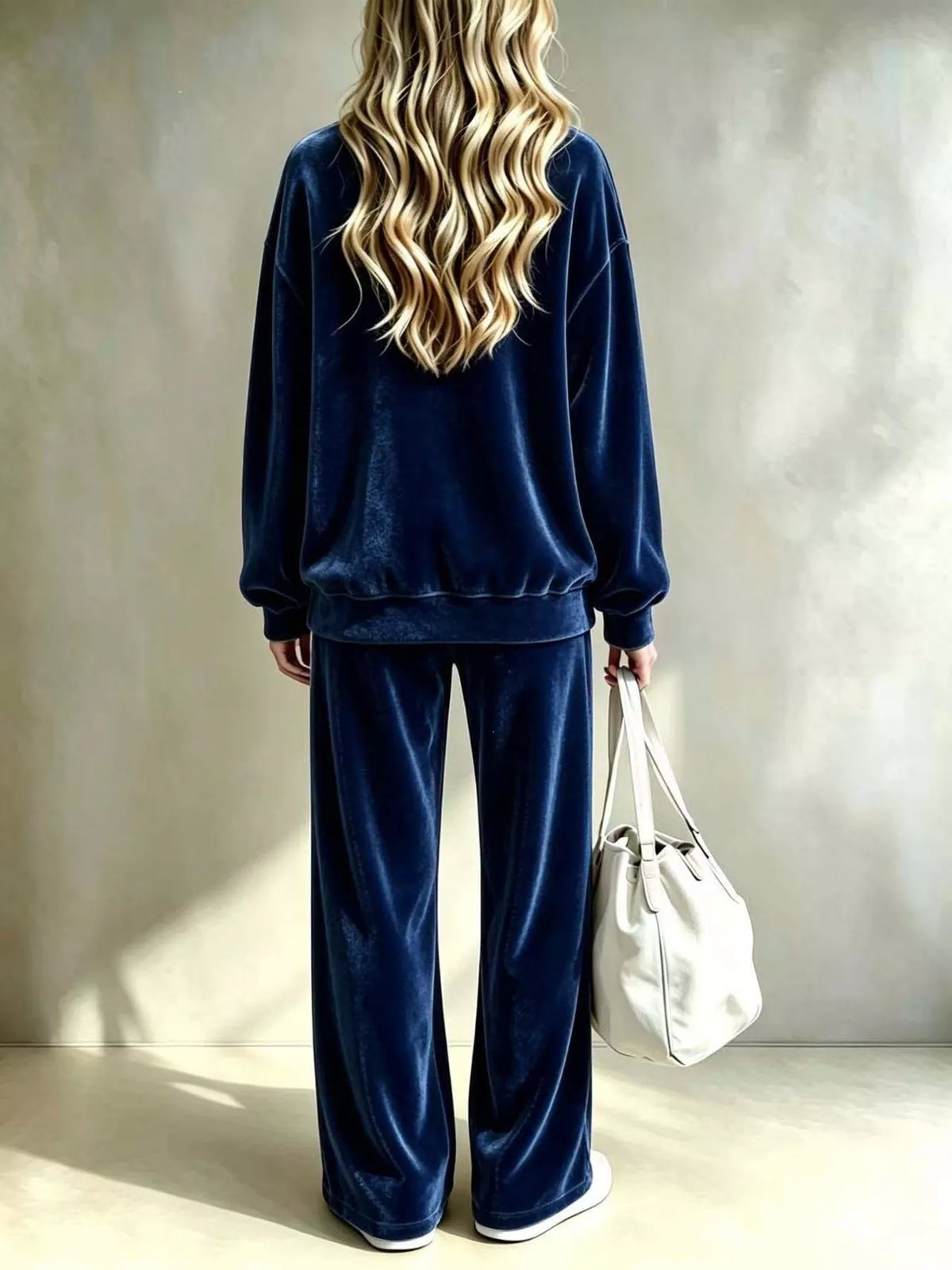 Dropped Shoulder Velvet Top and Wide Leg Pants Set