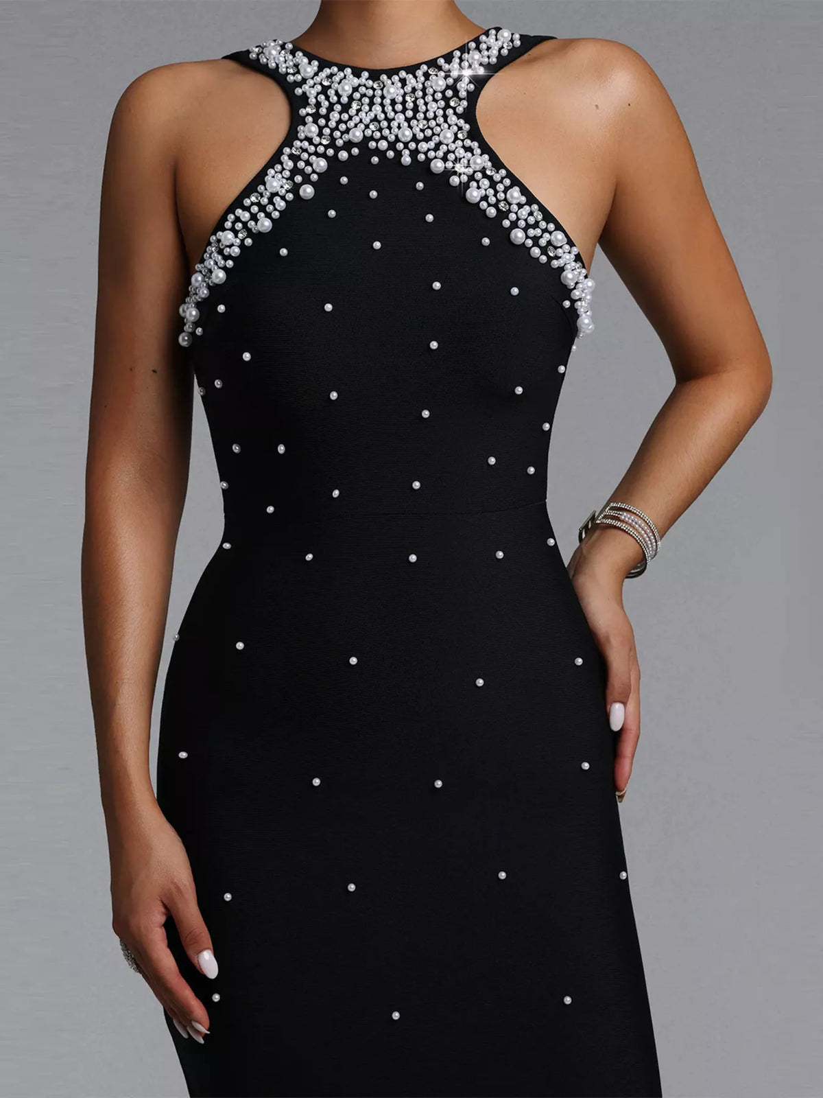 Pearl Detail Sleeveless Maxi Dress in Black