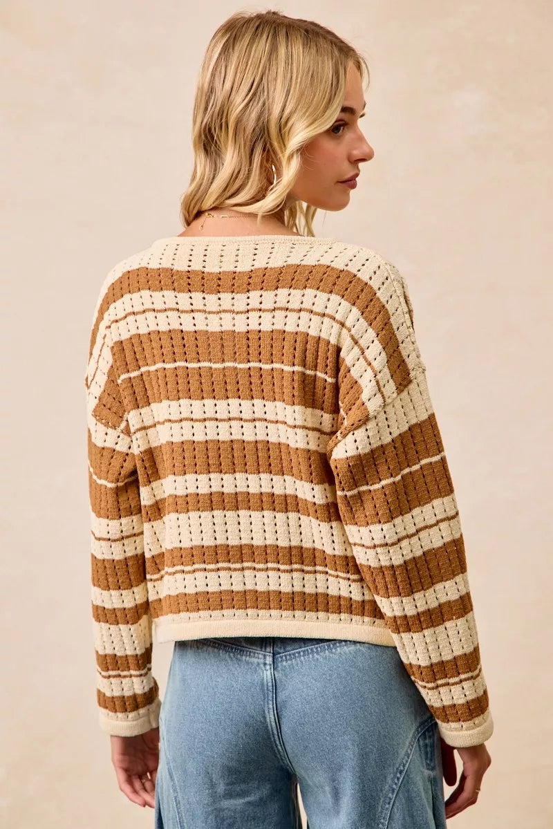 Striped Open-Knit Sweater Top in Brown by BiBi