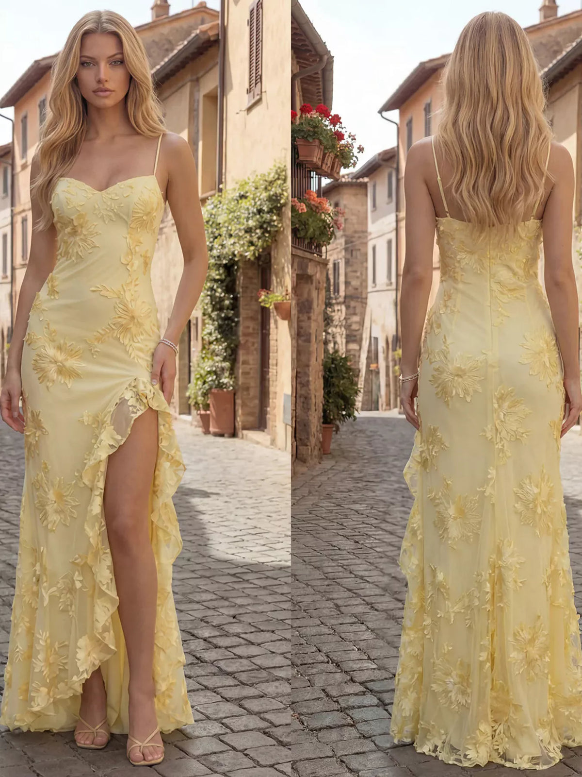 Ruffled Trim Floral Maxi Dress with Slit