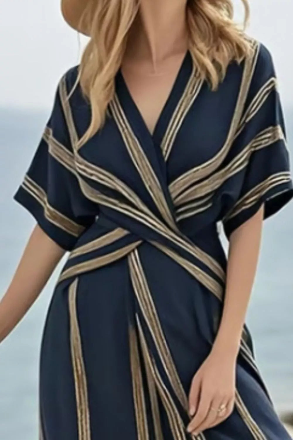 Striped Wrap Half Sleeve Maxi Dress