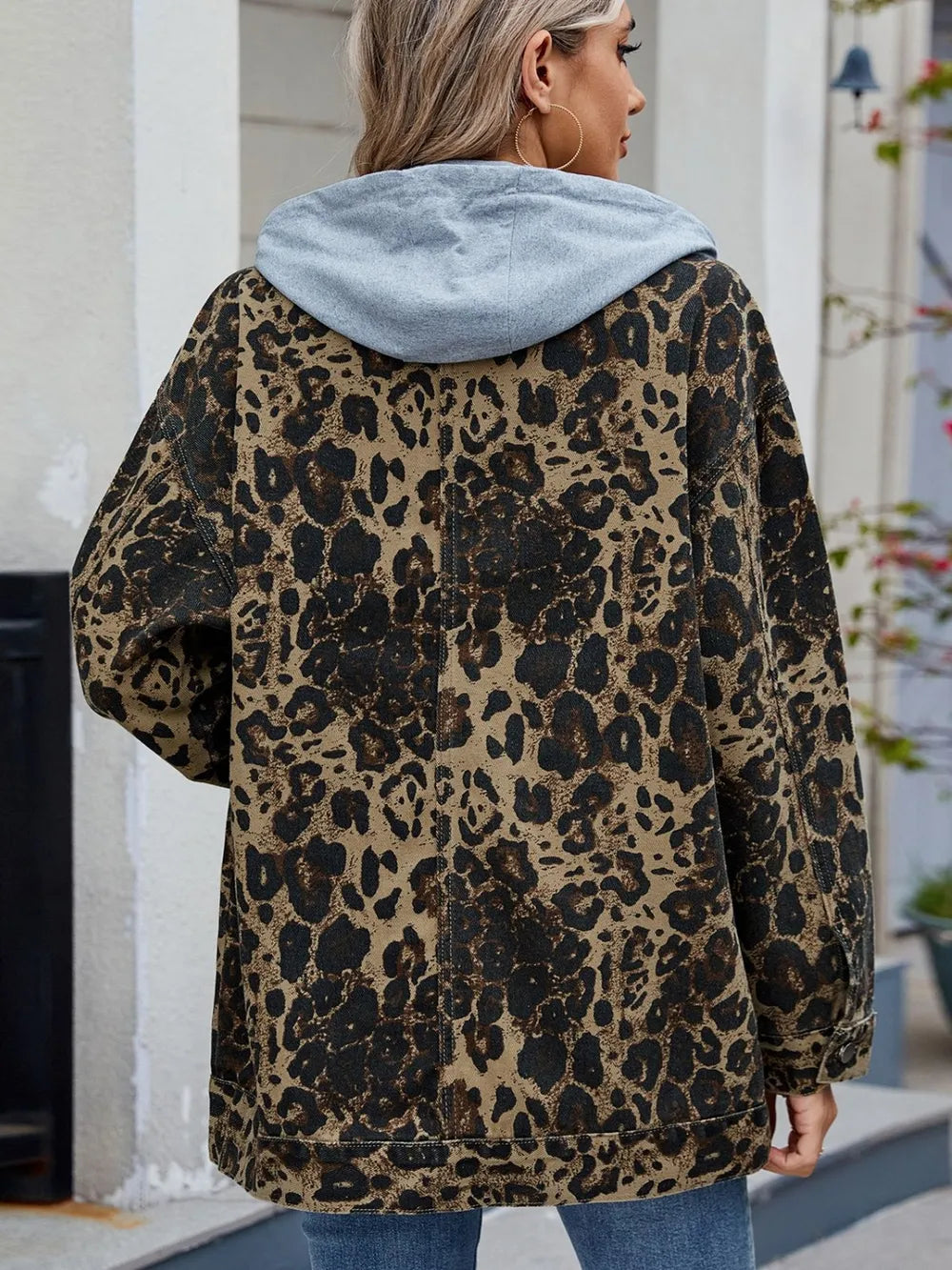 Leopard Print Denim Jacket with Removable Hat by Moni Wear