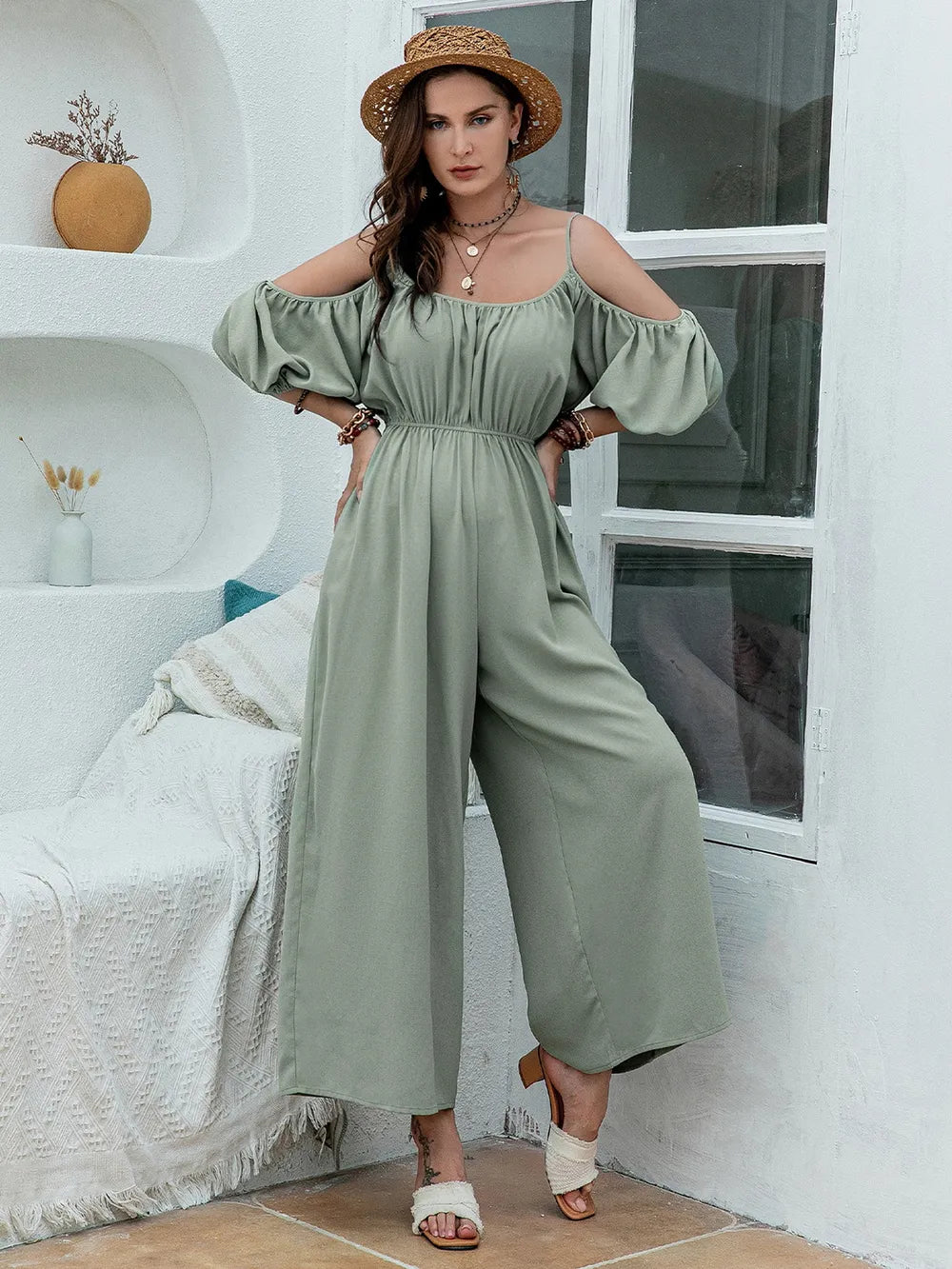 Spaghetti Strap Wide Leg Jumpsuit in Sage