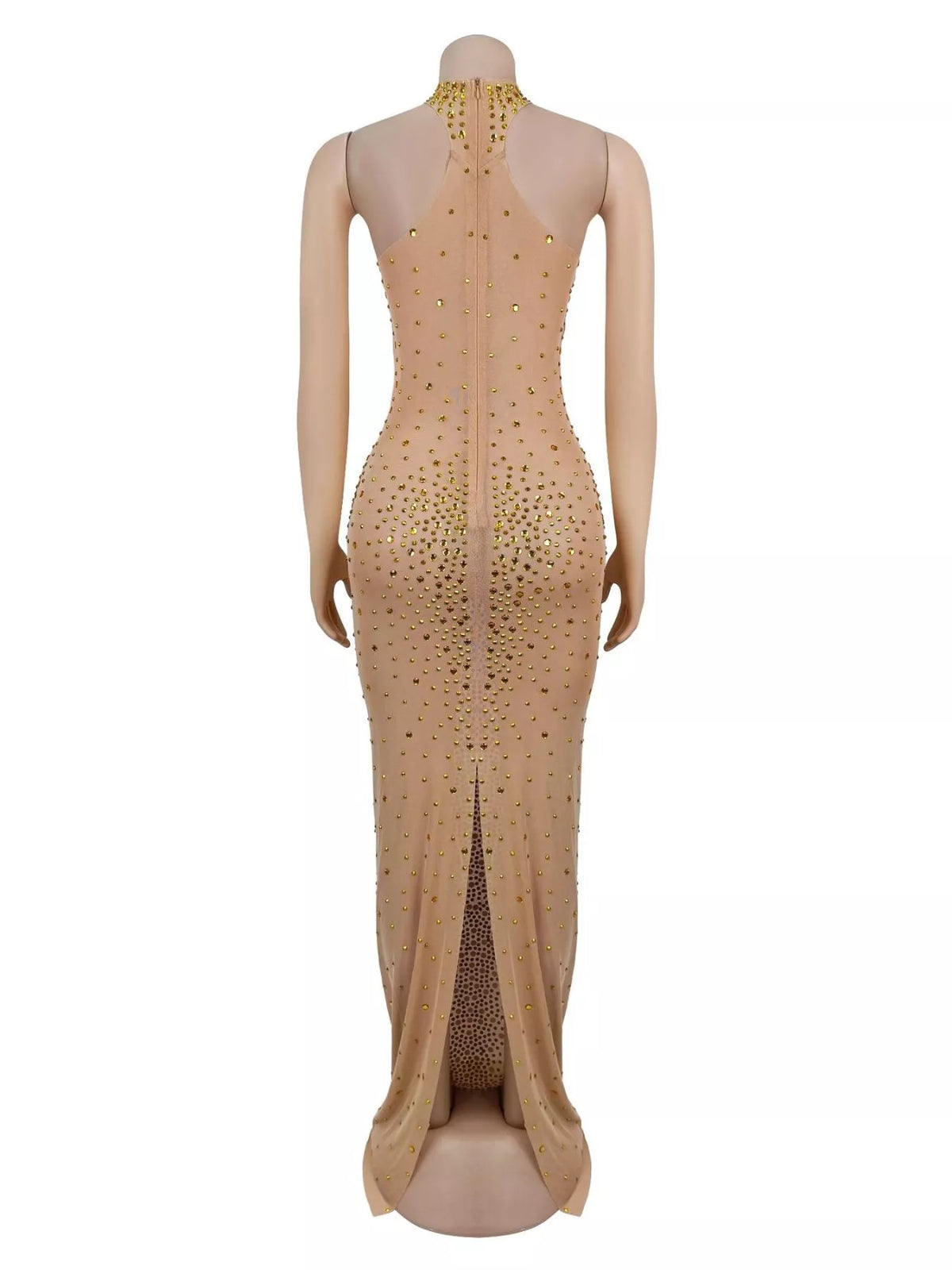 Rhinestone Embellished Mesh Dress with Back Slit in Gold