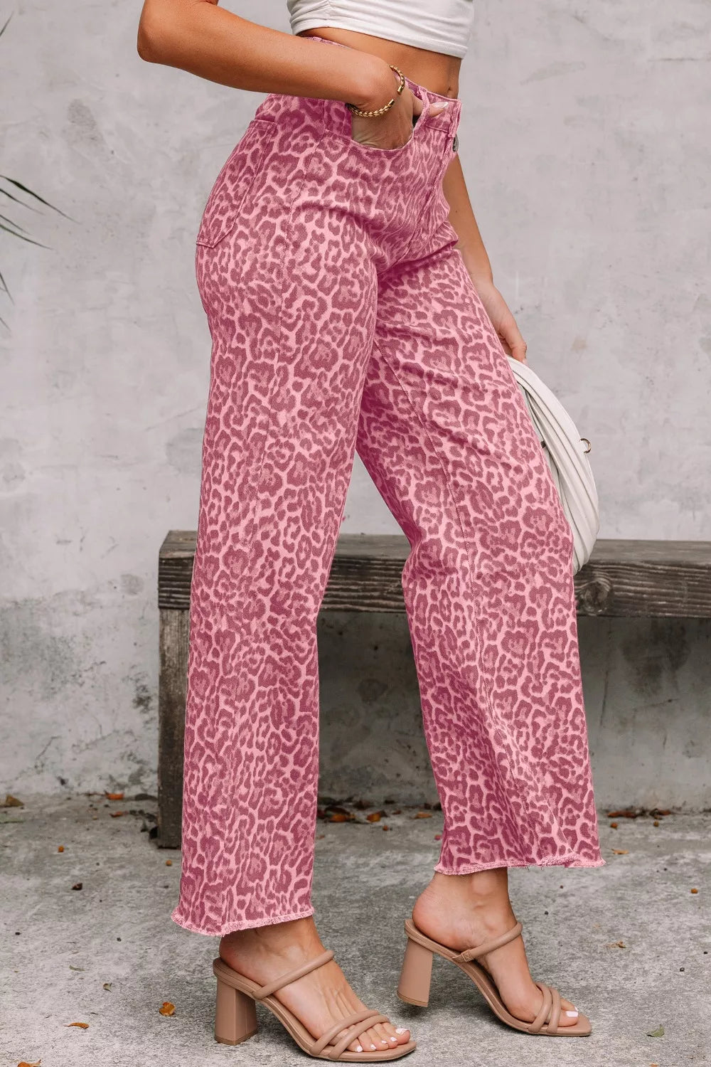 Leopard Print Wide Leg Jeans in Dusty Pink