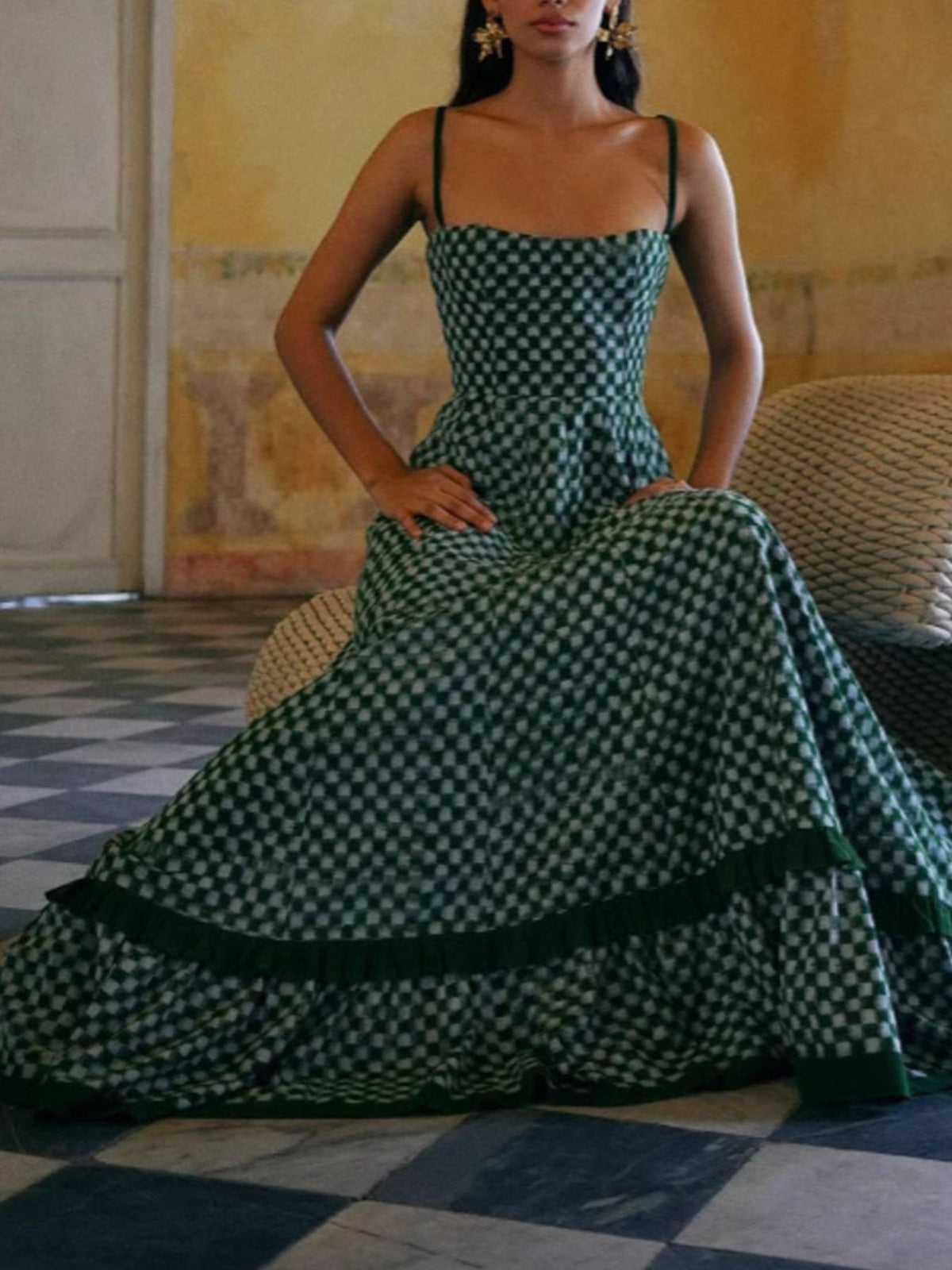 Checkered Spaghetti Strap Maxi Dress in Green