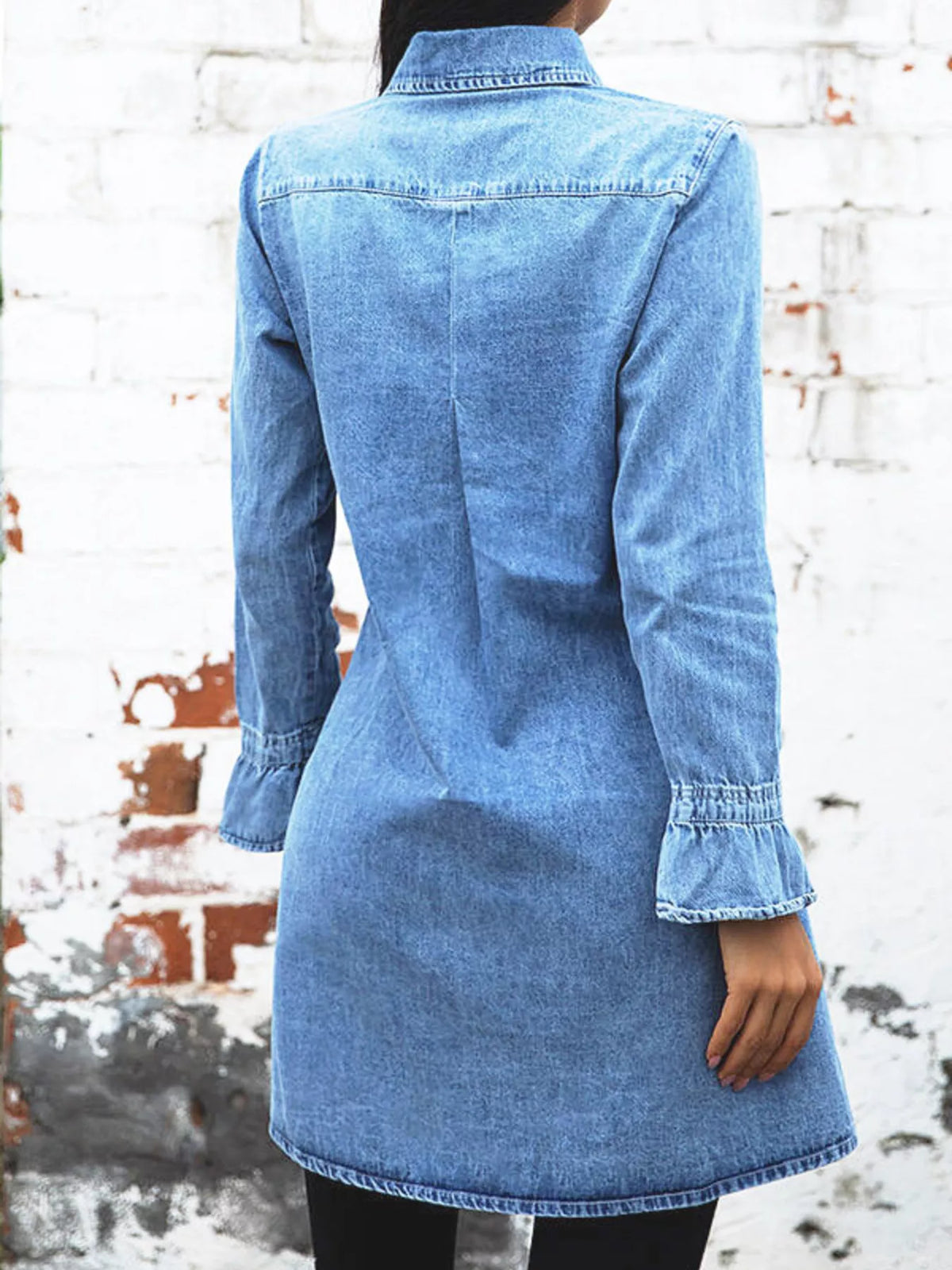 Button-Front Long Sleeve Denim Dress in Blue