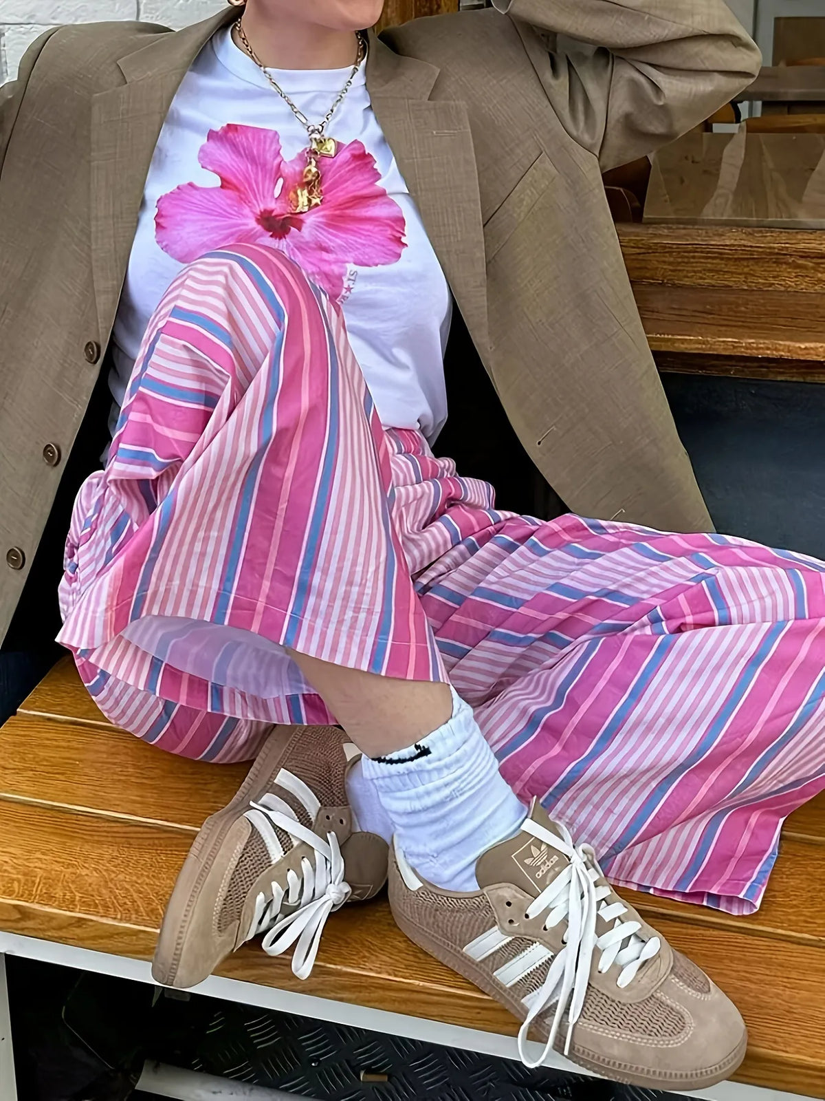 Striped Wide Leg Drawstring Pants in Fuchsia Pink