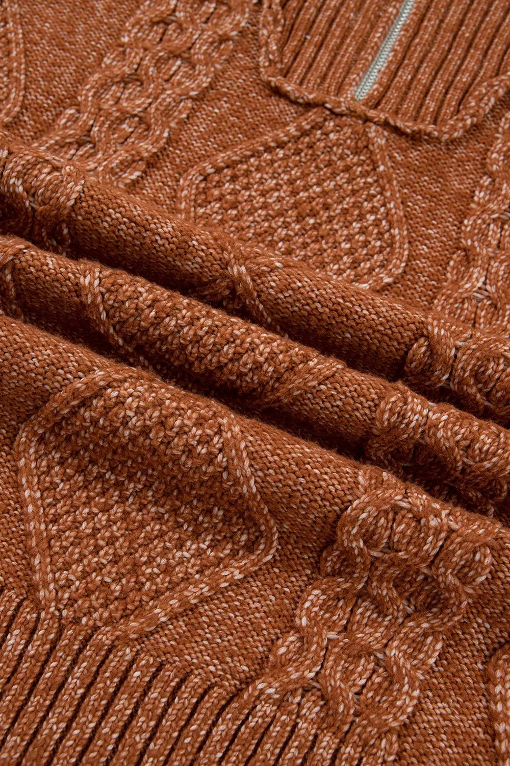 Zip-Up Cable Knit Drop Shoulder Sweater Dress in Caramel
