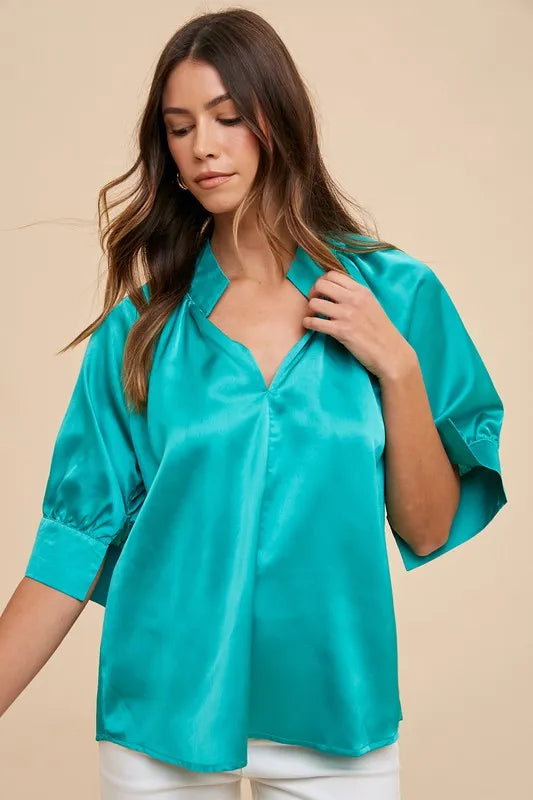 Annie Wear Satin V-Neck Short Sleeve Blouse in Emerald