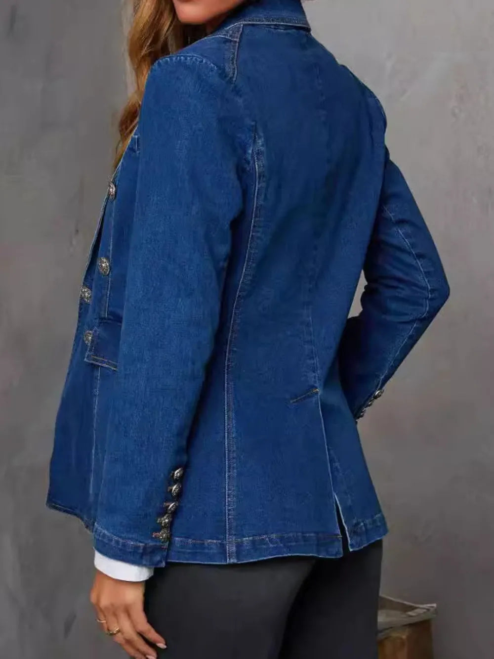 Collared Long-Sleeve Denim Jacket in Dark Wash by Y.Y@Denim