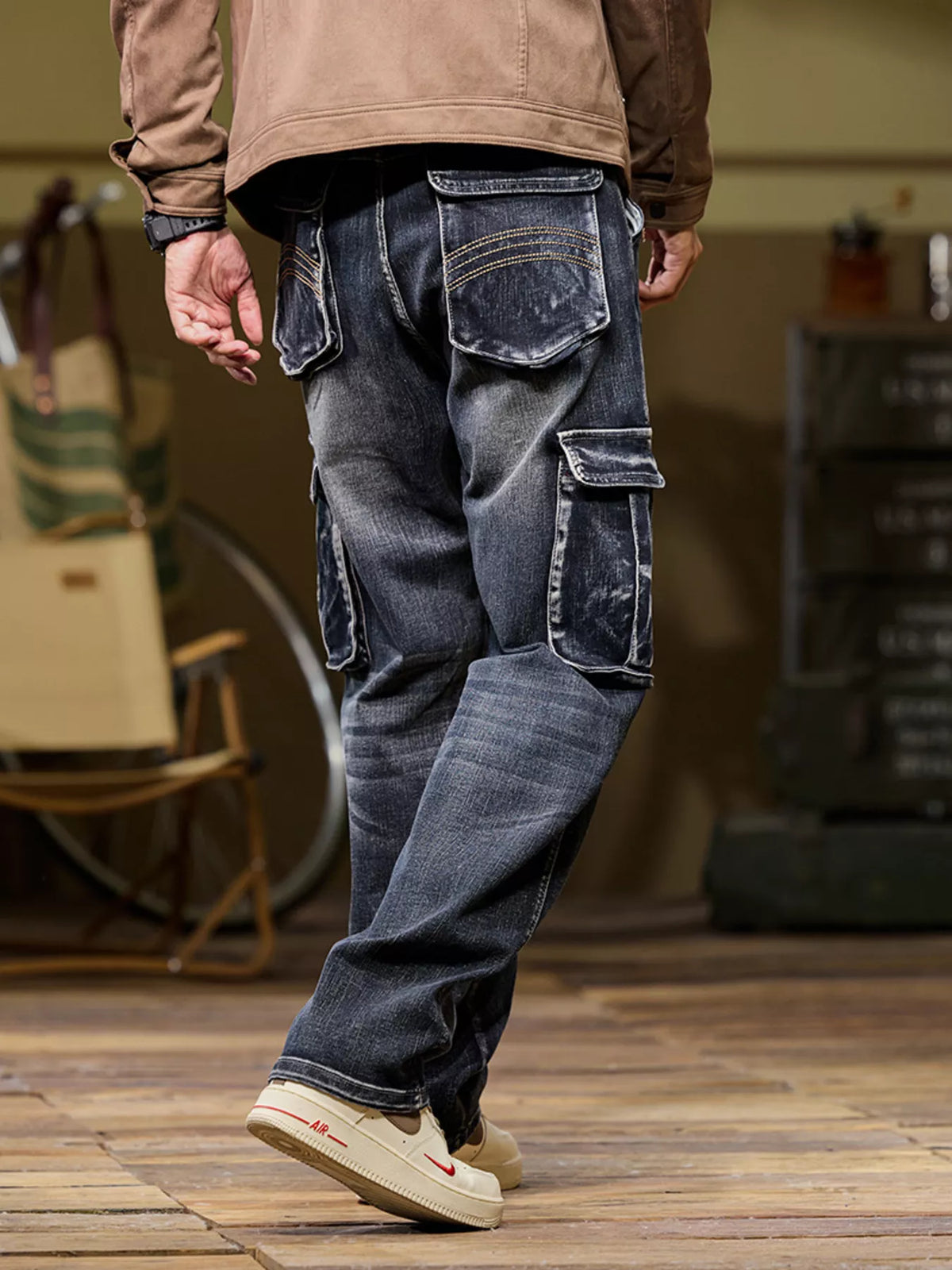 Loose Fit Cargo Jeans in Black by True Self