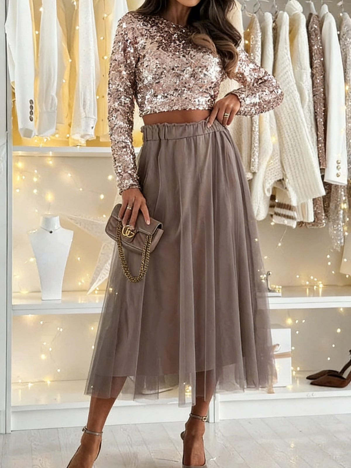 Tulle A-Line Midi Skirt in Taupe