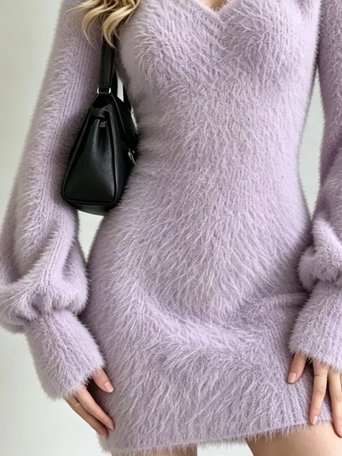 Fuzzy V-Neck Long Sleeve Sweater Dress