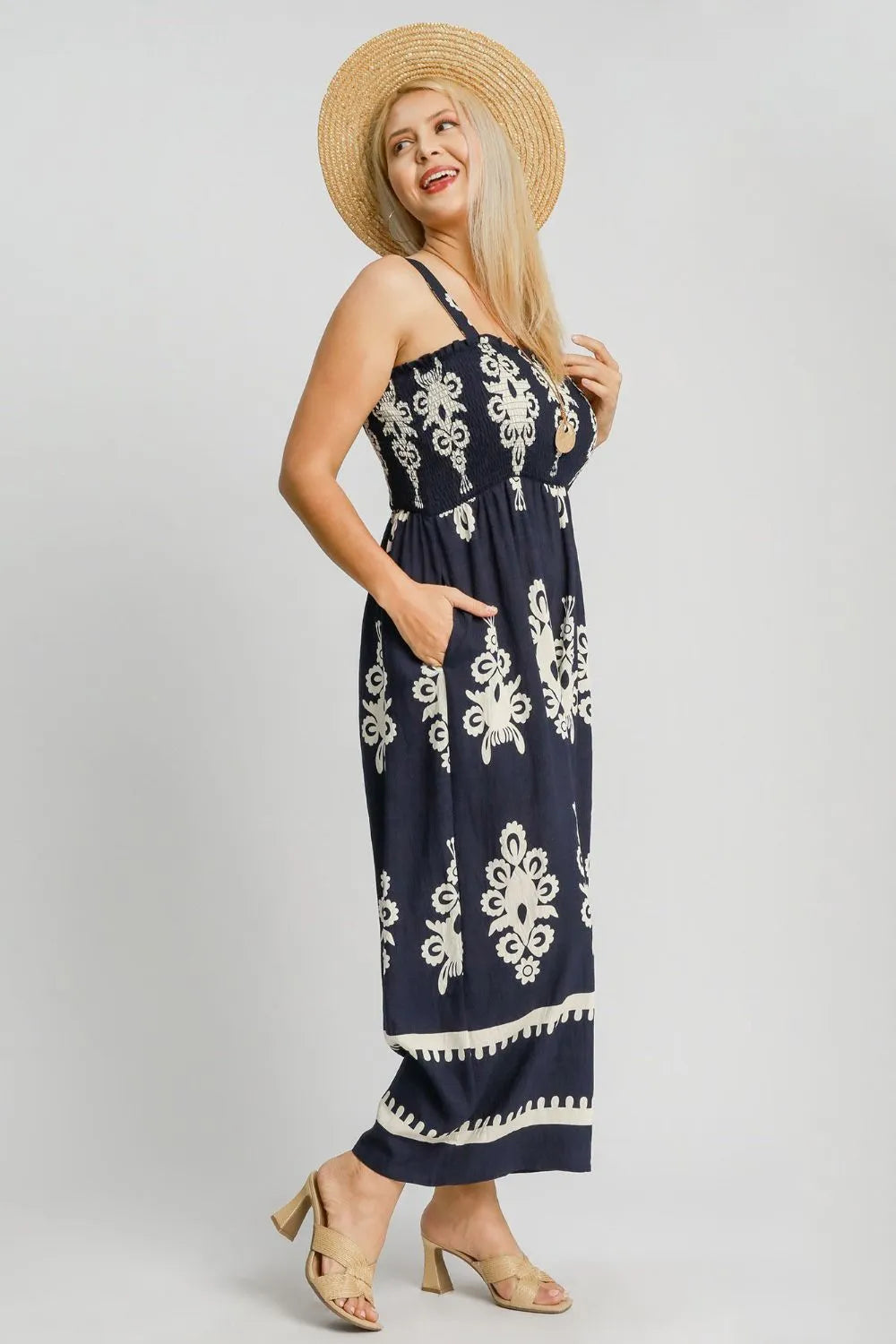 Umgee Smocked Wide Leg Jumpsuit in Dark Navy