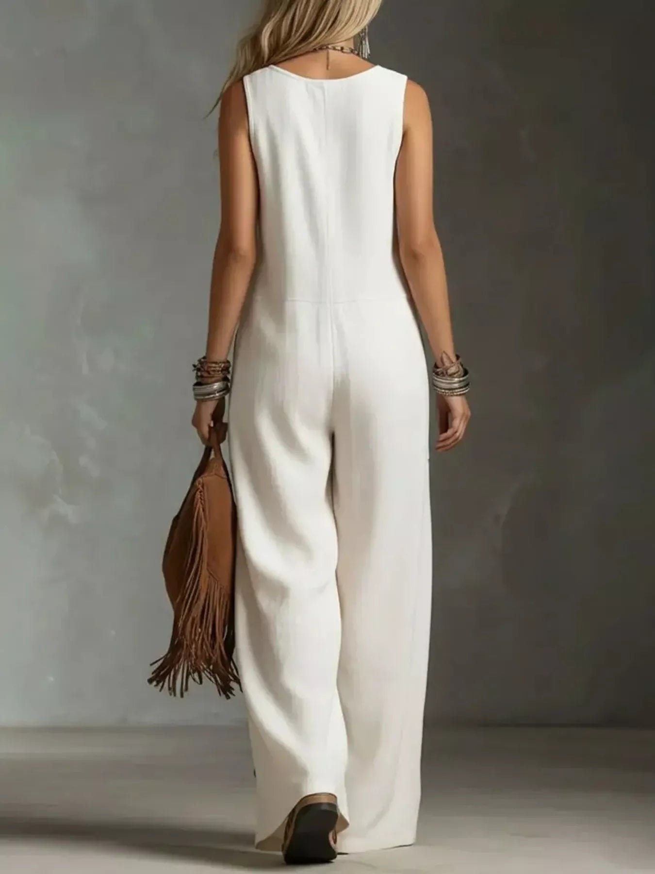 Sleeveless Button-Down Wide-Leg Jumpsuit