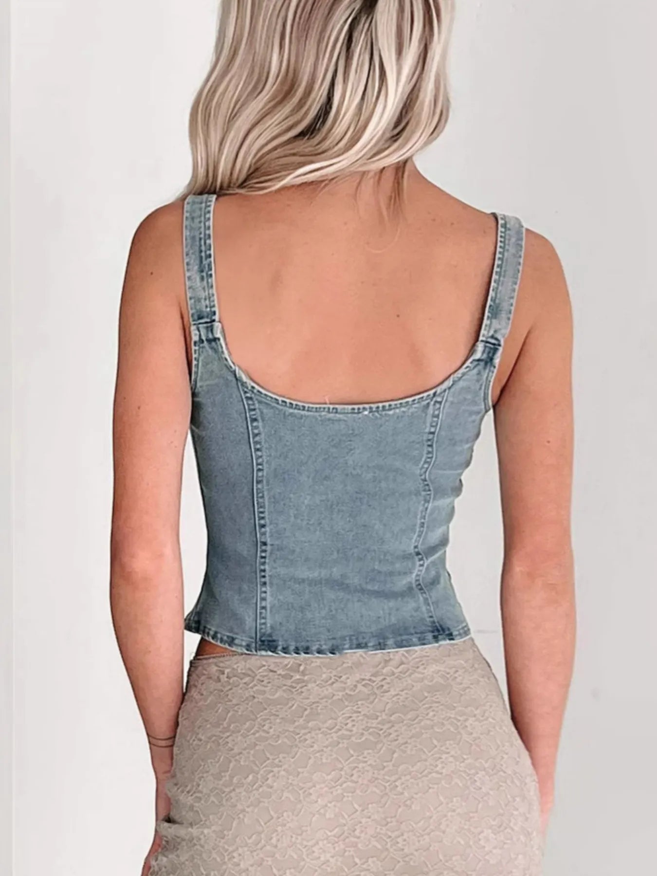 Fitted Denim Corset Tank Top with Front Zip in Blue