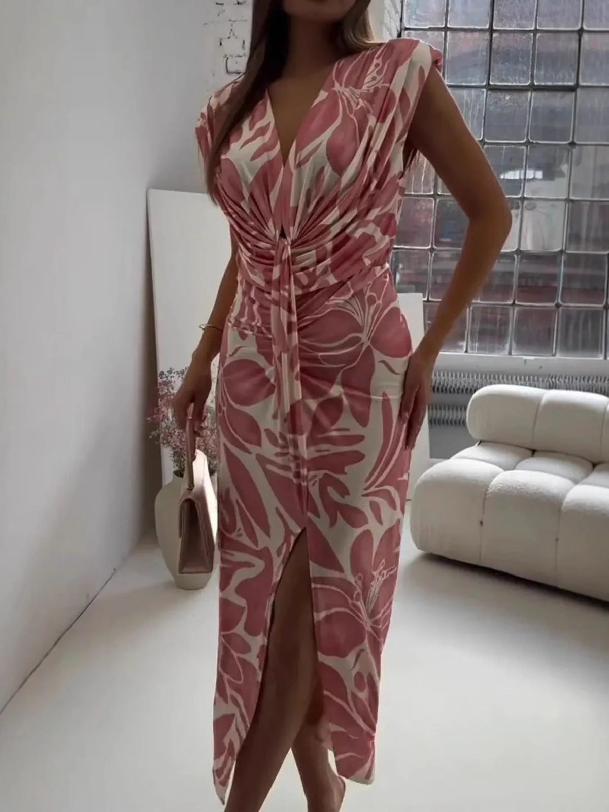 Slit Printed V-Neck Midi Dress