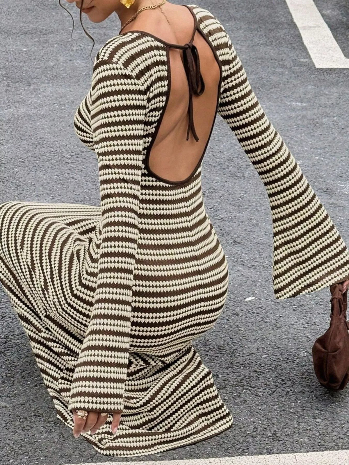 Backless Striped Ribbed Knit Maxi Dress