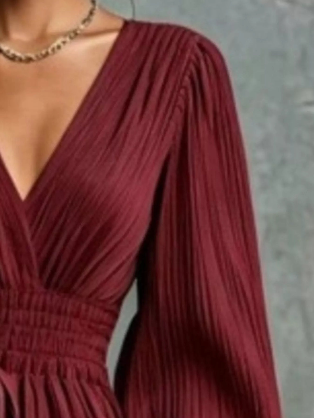 Pleated V-Neck Maxi Dress with Lantern Sleeves