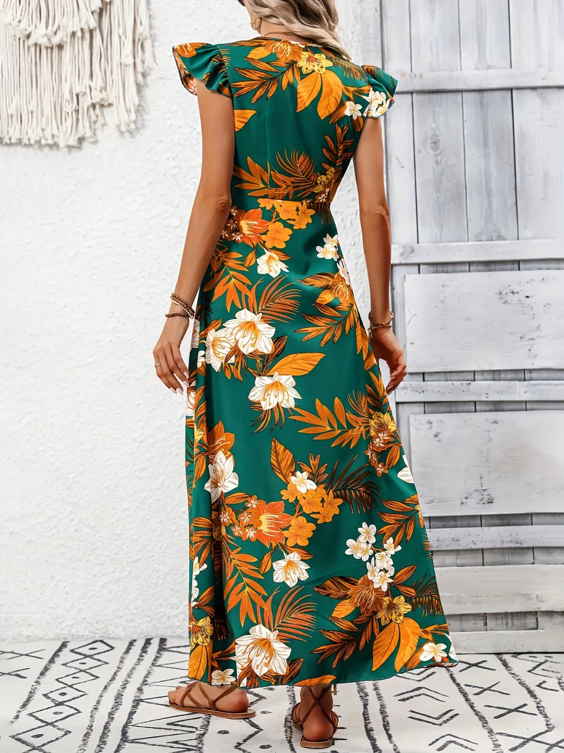 High-Low Printed Cap Sleeve Maxi Dress in Dark Green
