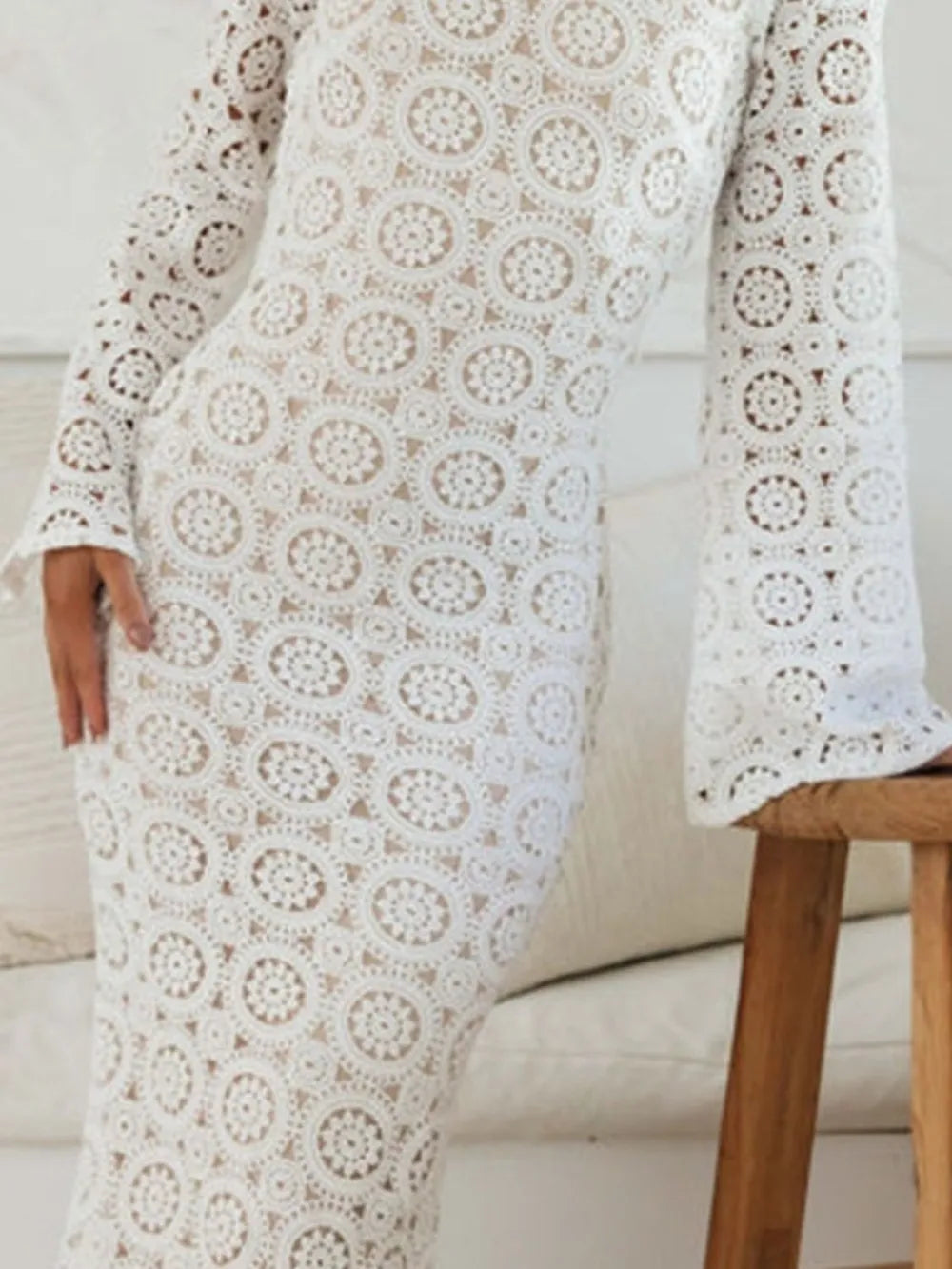 Lace Backless Round Neck Flare Sleeve Dress in White by O@B@L