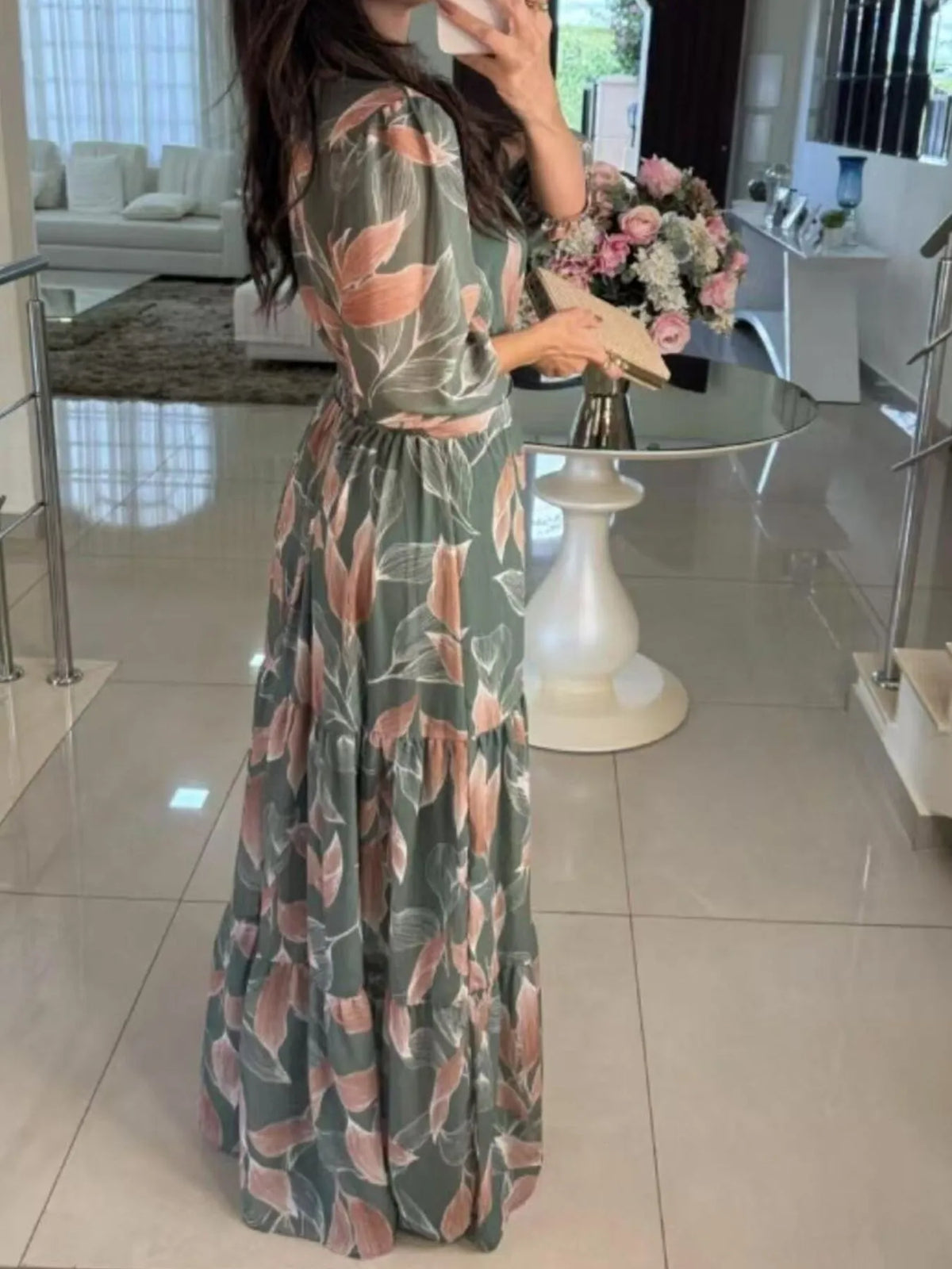 Printed V-Neck Tiered Hem Maxi Dress