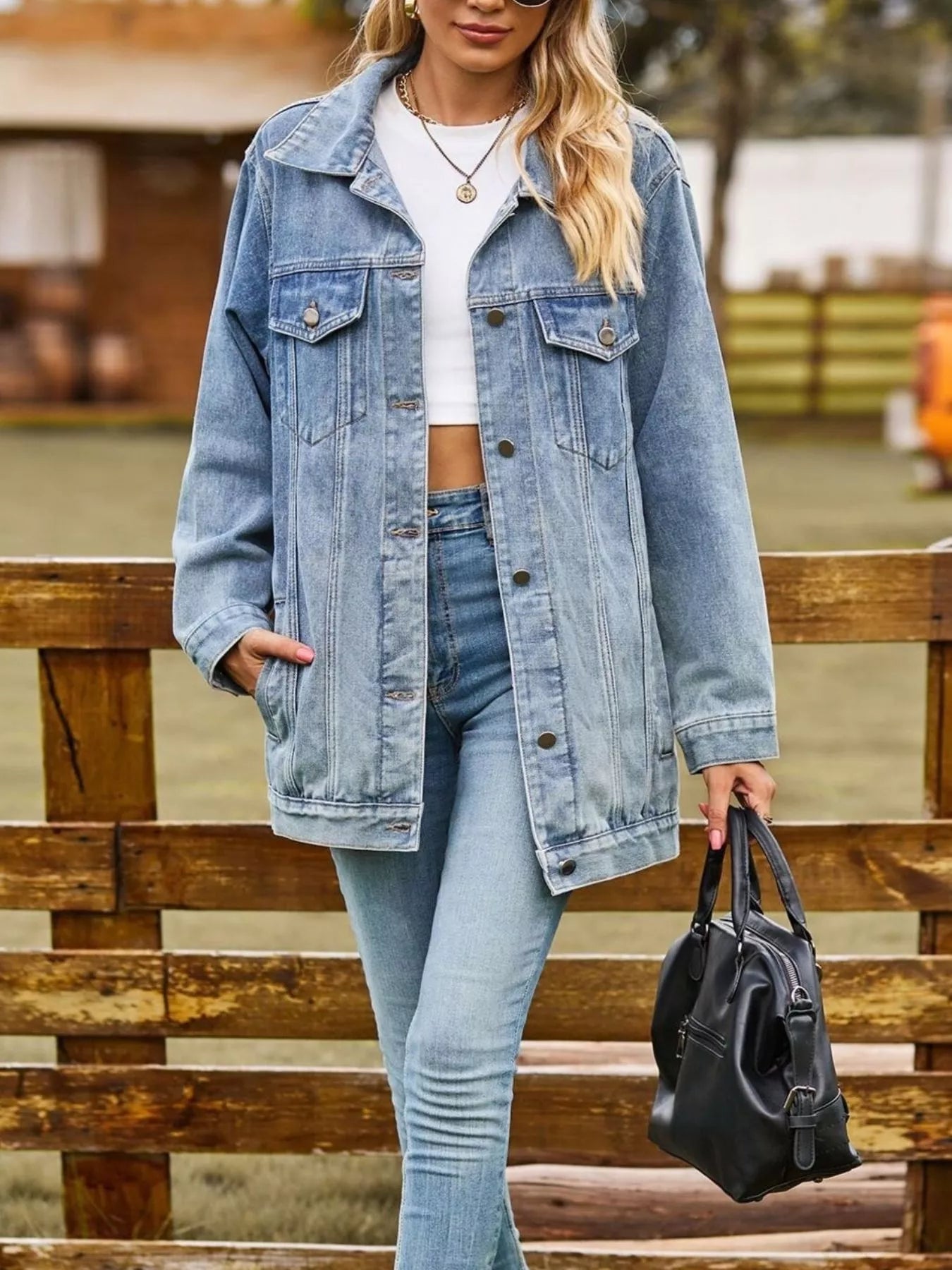 Button-Down Washed Denim Jacket in Hot Pink by Moni Wear