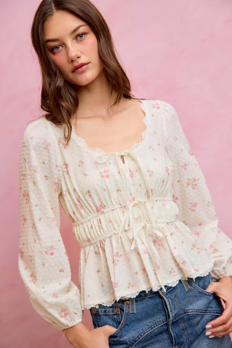 So Me Floral Clip Dot Lace Trim Blouse in White