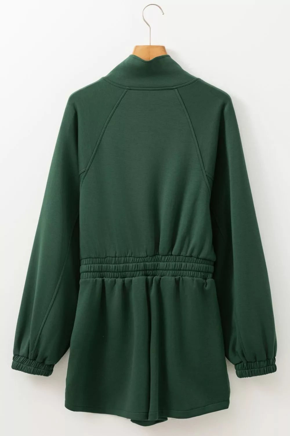 Drawstring Half-Zip Long Sleeve Romper in Dark Green